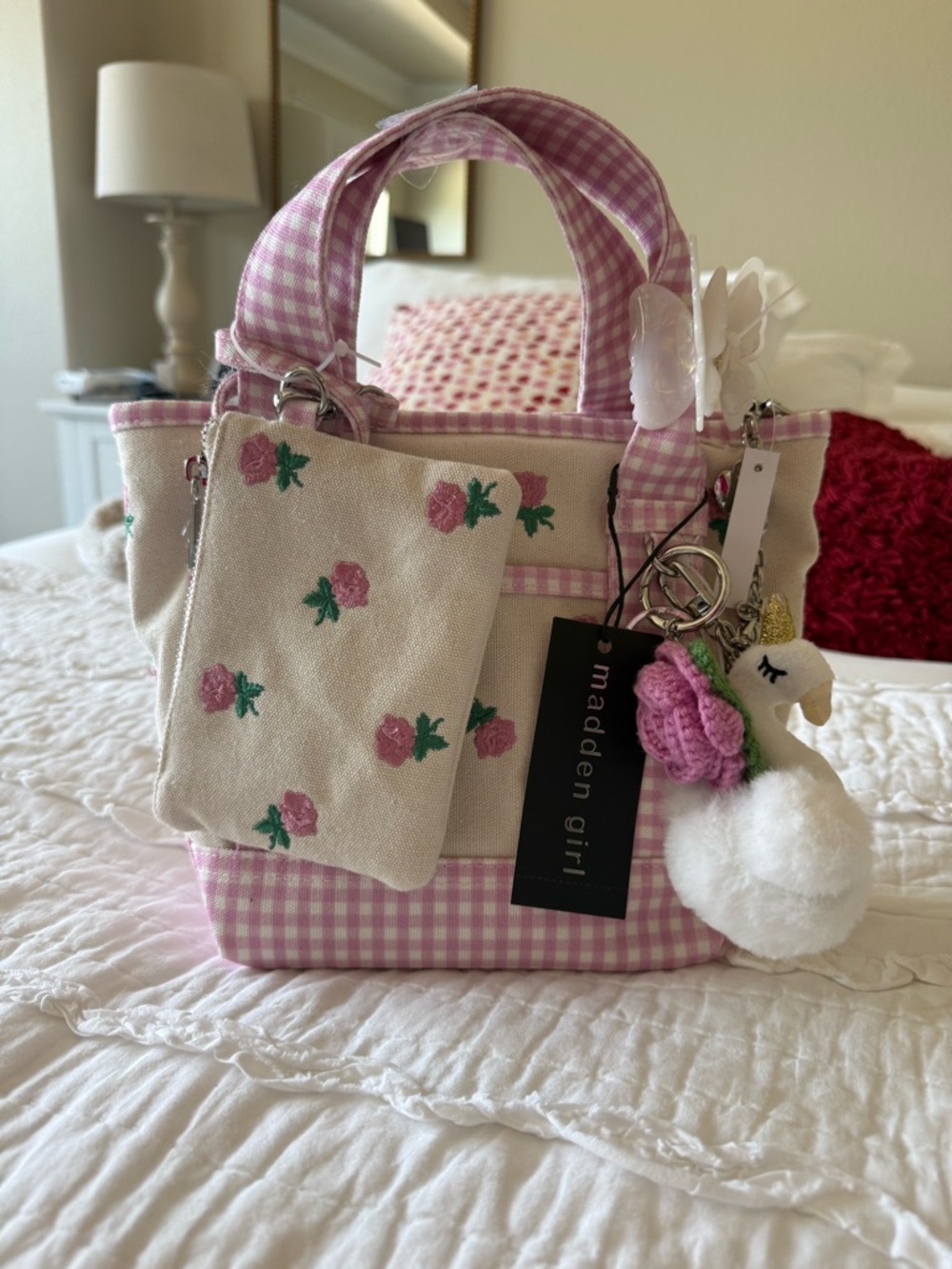 Madden Girl Pink Gingham Floral Mini Tote with Charms